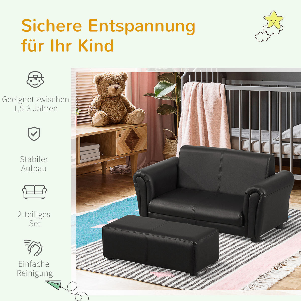 KINDERSESSEL, Schwarz, Holz, PVC - Schwarz, Holz (42/41/83cm) - HOMCOM