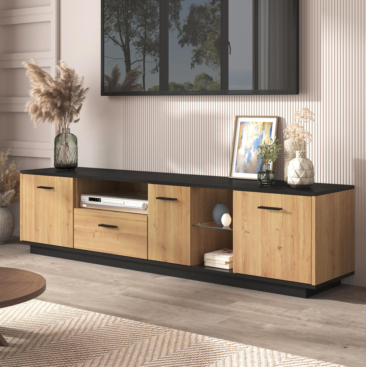 TV-LOWBOARD aus MDF 180x37x45 cm Schwarz und Holzfarbe mit LED-Beleuchtung, 3 Türen und Schublade - Schwarz, Holzwerkstoff (180/45/37cm) - IVMEU