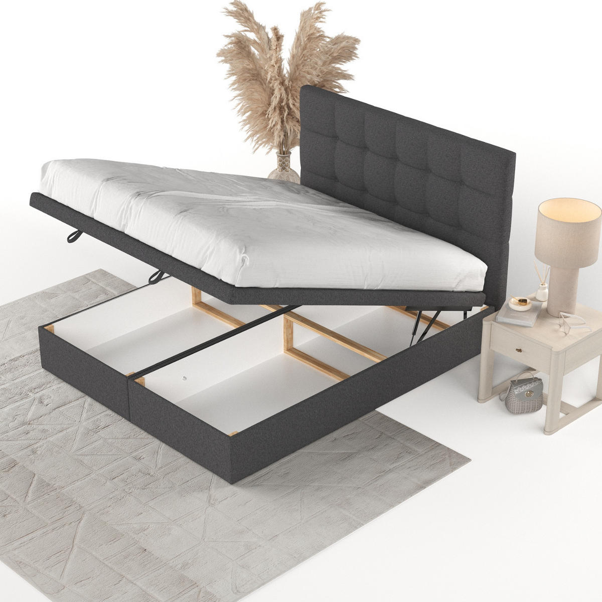 POLSTERBETT Guam mit Stauraum 140/200 cm Anthrazit im Megan Stoff - Anthrazit/Schwarz, Holz/Holzwerkstoff (140/200cm) - AltaBeds