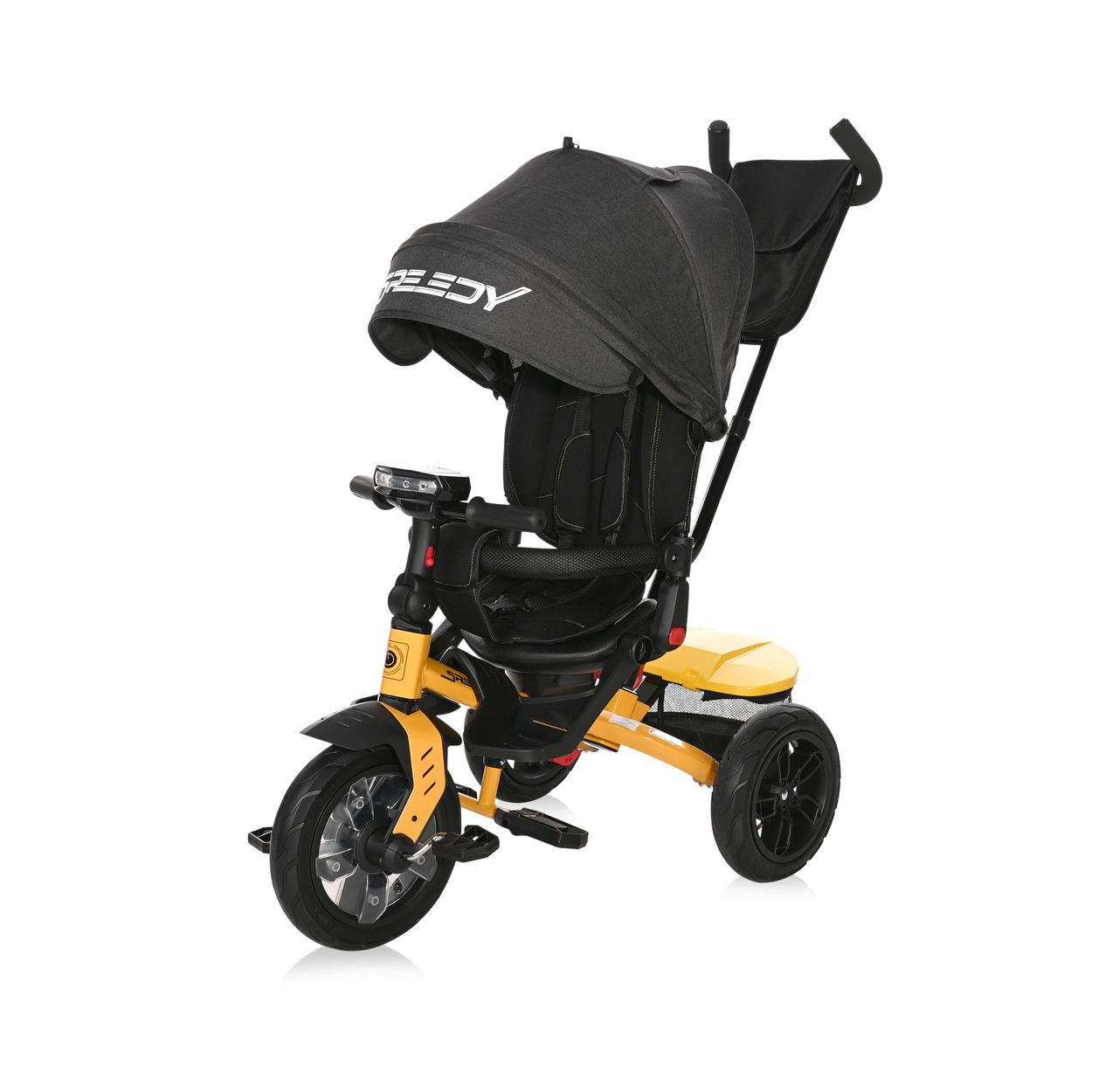 DREIRAD Speedy Luftreifen gelb Luftreifen, drehbarer Sitz, Musik, Licht, Schubstange - Gelb, Metall (109/52/102cm) - Lorelli