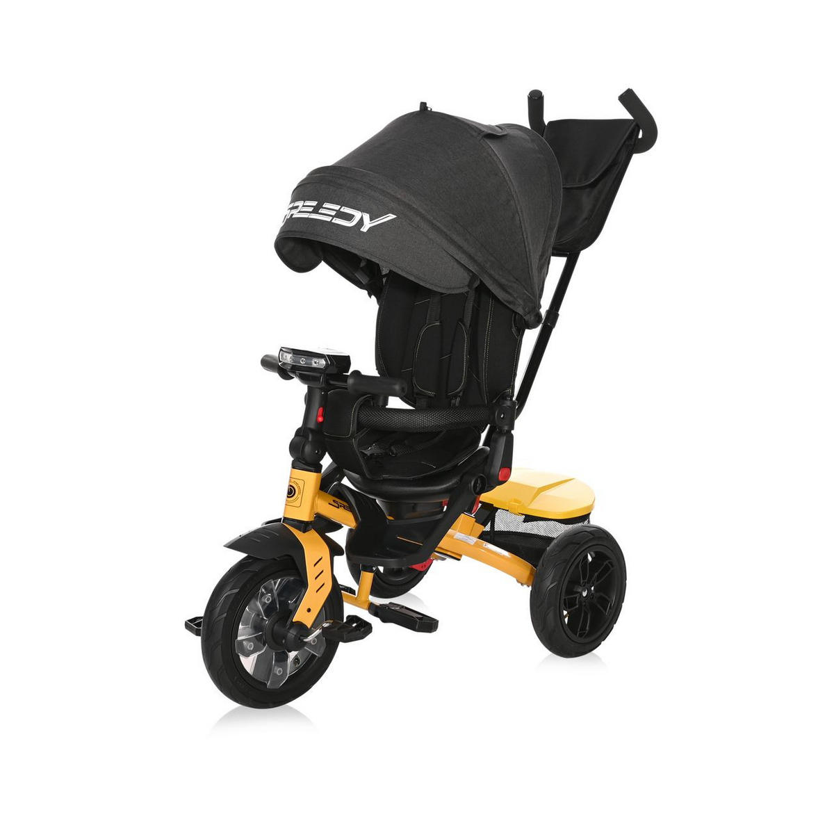 DREIRAD Speedy Luftreifen gelb Luftreifen, drehbarer Sitz, Musik, Licht, Schubstange - Gelb, Metall (109/52/102cm) - Lorelli