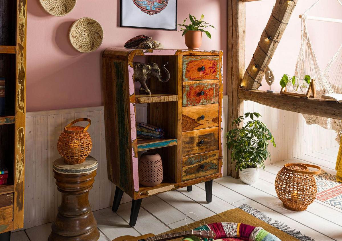 KOMMODE Altholz 79x40x116 mehrfarbig lackiert SIXTIES #105 - Multicolor, Holz (79/116/40cm) - Massivmoebel24