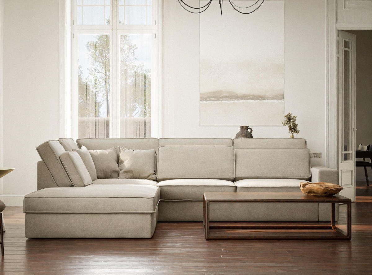 ECKSOFA Kirou Beige Chenille-Stoff - Links Seite - Beige/Schwarz, Holz/Holzwerkstoff (225/311cm) - Maison de Reve