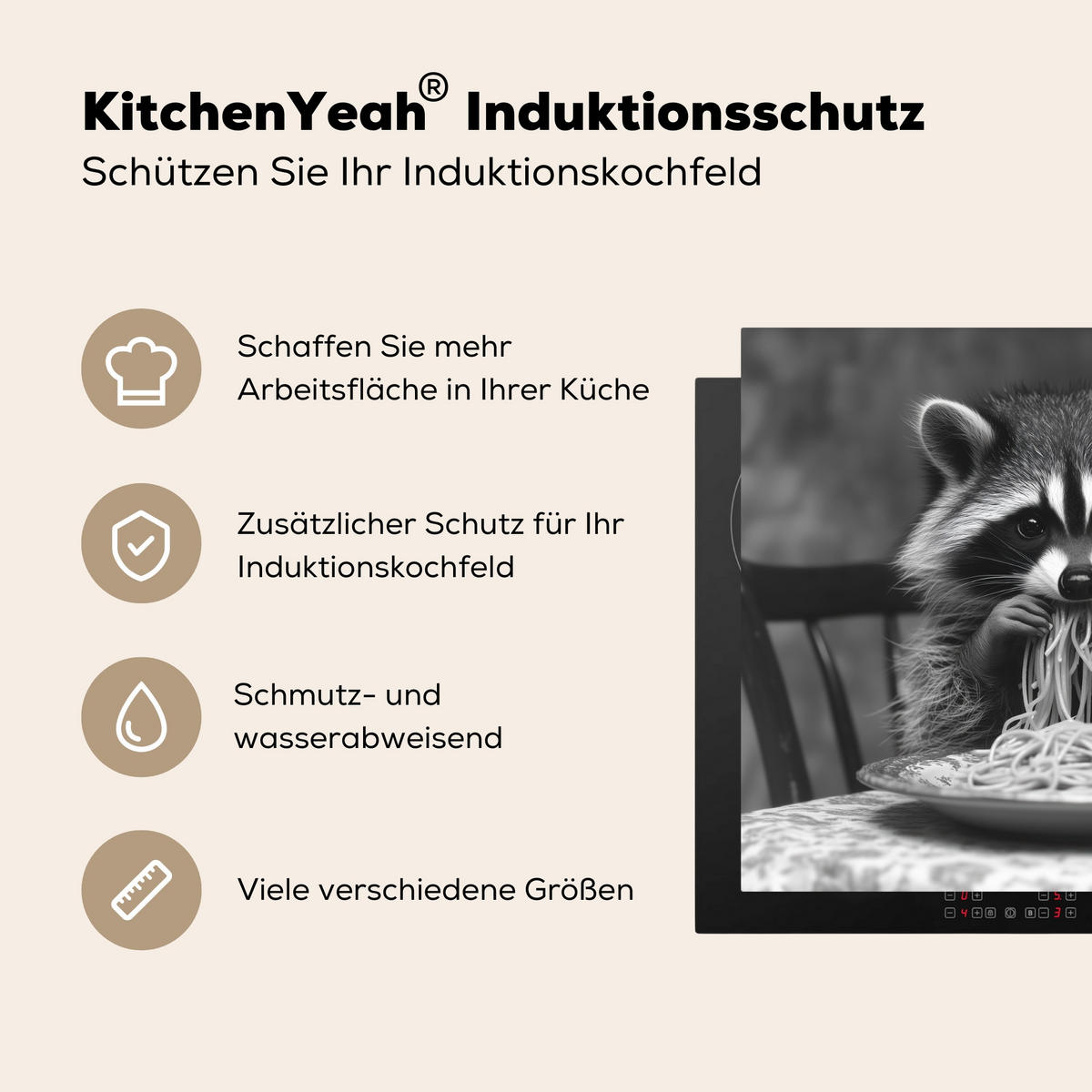 HERDABDECKPLATTE Waschbär - Niedlich - Pasta - Tischtuch - Schwarz - Weiß Herdabdeckung Induktionsfeld 65x52 cm - Grau, Kunststoff (65/52/0.2cm) - MuchoWow