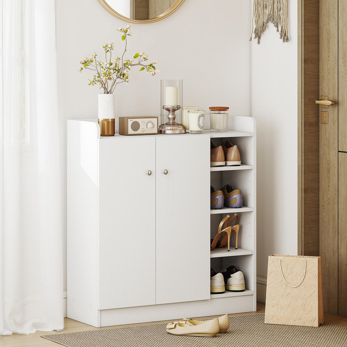 SCHUHSCHRANK Weiß Holzwerkstoff mit Türen und Fächern 1 Stück - Weiß, Holz (83/90/30cm) - PANGIVO