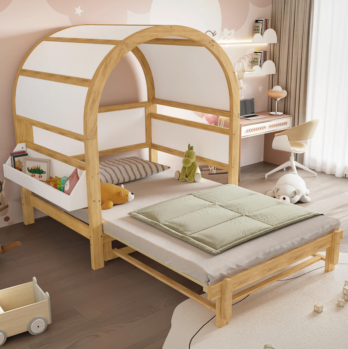 KINDERBETT 140/200 cm Weiß/Natur aus Kiefer und MDF mit Ausziehbett - Weiß, Holzwerkstoff (140/200cm) - OKMYHOME