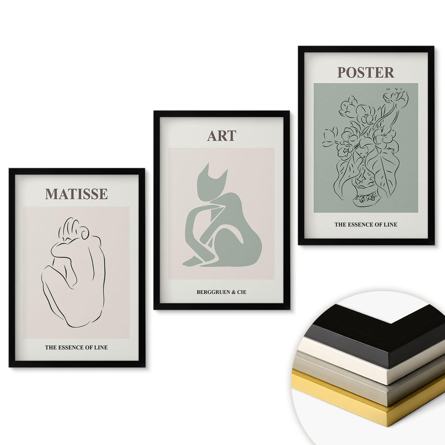 WANDBILDER 3er-Set - 40x60 cm Schwarzer Rahmen - Matisse Grün Beige Poster - Schwarz, Kunststoff (40/60cm) - ArtPrintCave