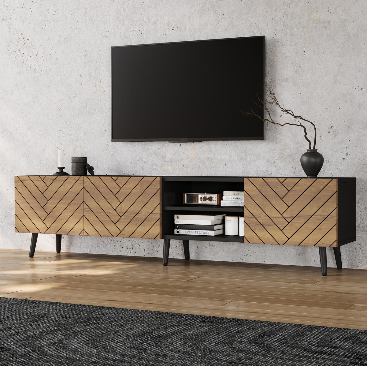 TV-LOWBOARD 180/33,5/45 cm naturfarben-schwarz aus Spanplatte mit Kabeldurchführung - Naturfarben, Holzwerkstoff (180/45/33.5cm) - OKWISH