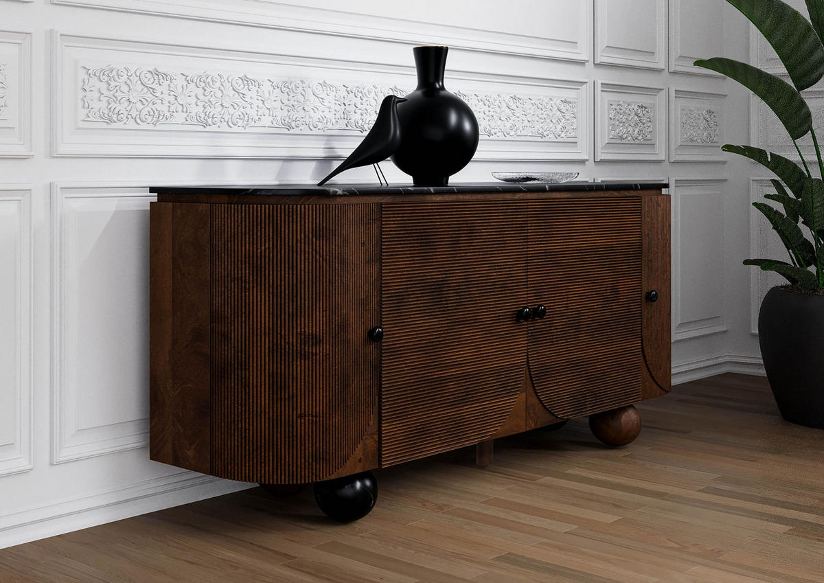SIDEBOARD Mango 180x40x80 dunkelbraun lackiert / Marmor schwarz FLORENZ #221 - Dunkelbraun, Holz (180/80/40cm) - Massivmoebel24