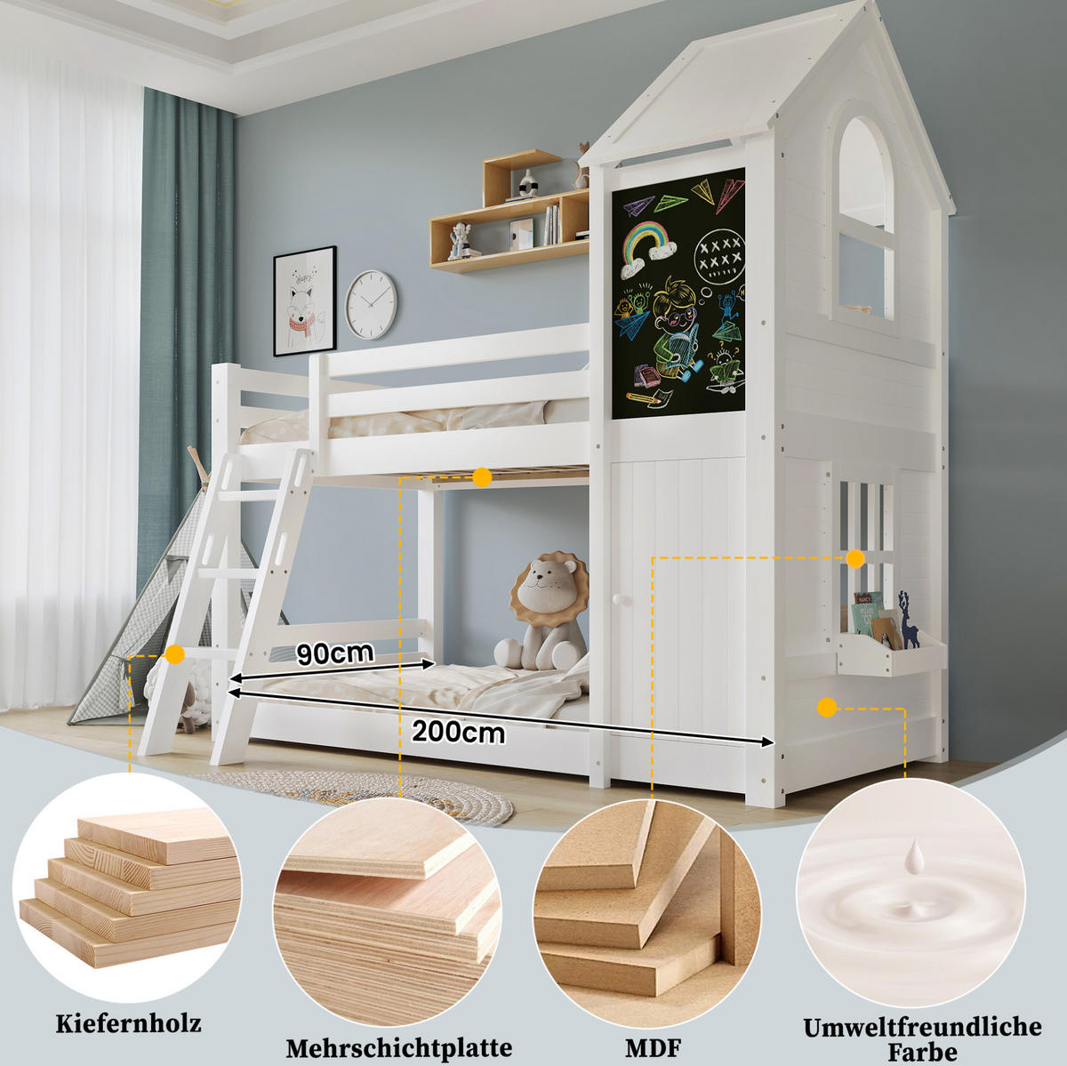 ETAGENBETT 90/200 cm mit Tafel, kleiner Tür, Dach und Schrägleiter aus Kiefernholz und MDF, Weiß - Weiß, Holzwerkstoff (90/200cm) - Redom