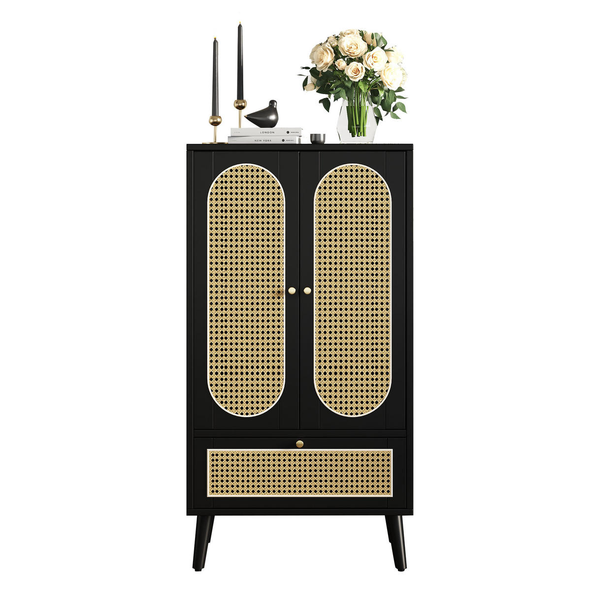 SIDEBOARD Rattan 2 Türen 1 Schublade Schwarz 1 1m - Schwarz, Holzwerkstoff (40/110.5/60cm) - FLIEKS