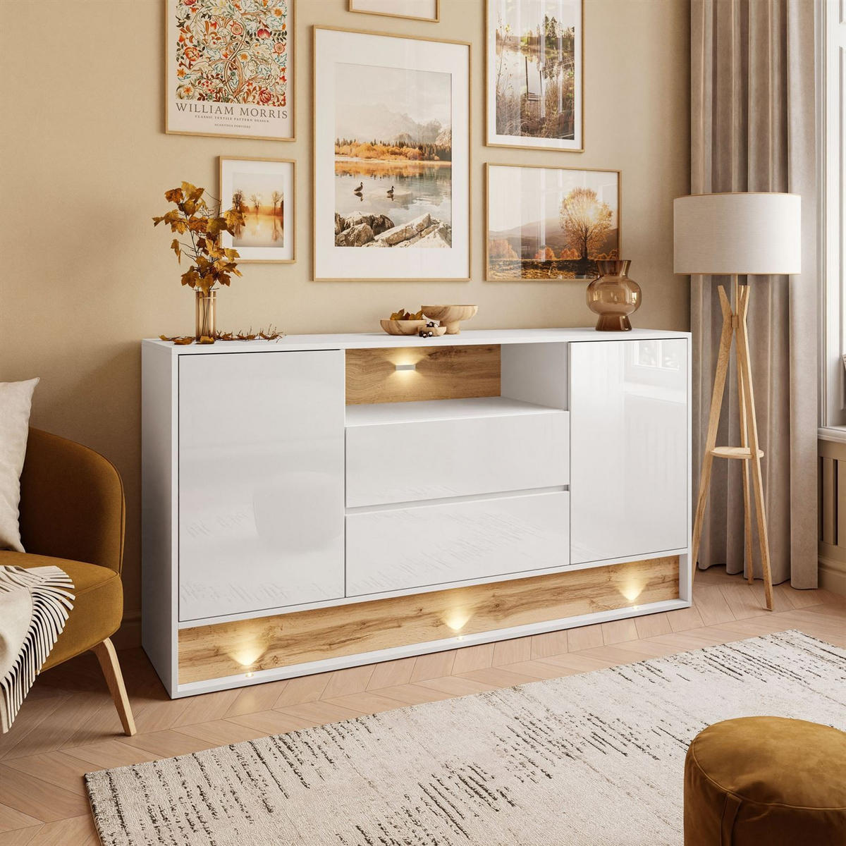 KOMMODE VILLA mit Wotan Eicheneinsatz - Eiche Wotan/Weiß, Holzwerkstoff (160/85/40cm) - Lookway