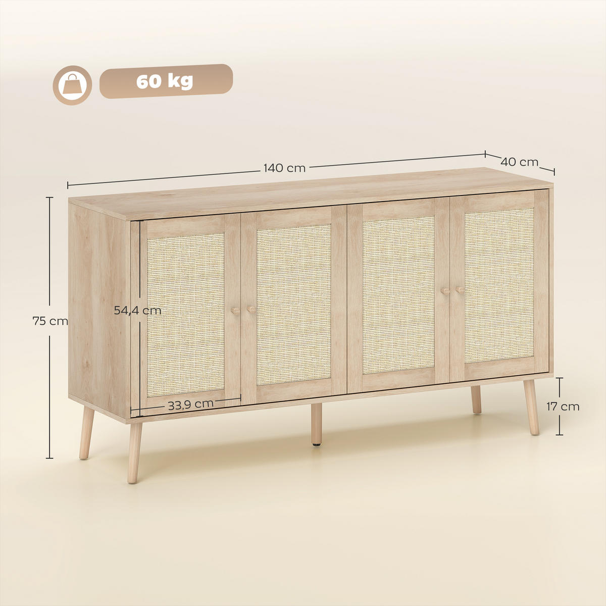 SIDEBOARD DE-11246 2 Türen mit Rattan & verstellbaren Böden Naturholz - Naturfarben, Holzwerkstoff (140/75/40cm) - ComfortXL