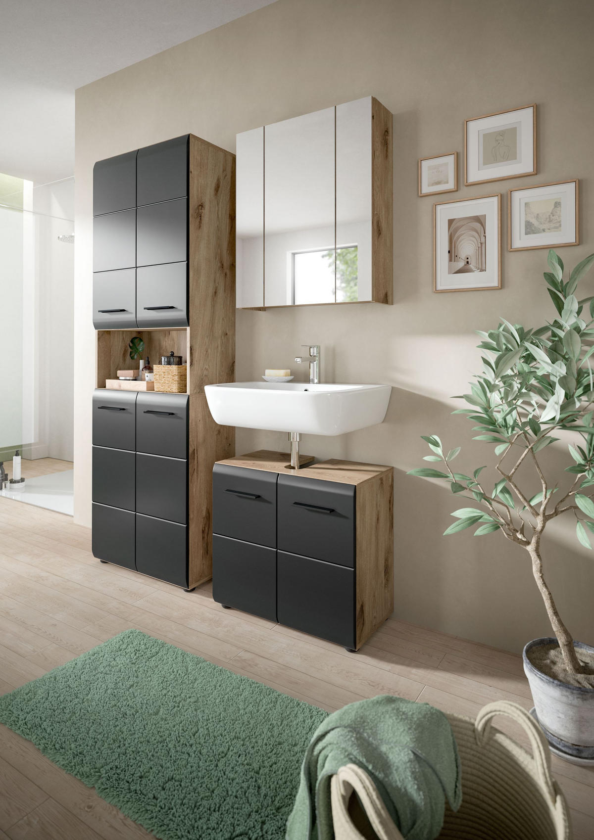 BADEZIMMER Alba 3-tlg. (B/H/T: ca. 135/185/30 cm) in Nox Oak /schwarz matt - Eichefarben, Holz (135/185/30cm)