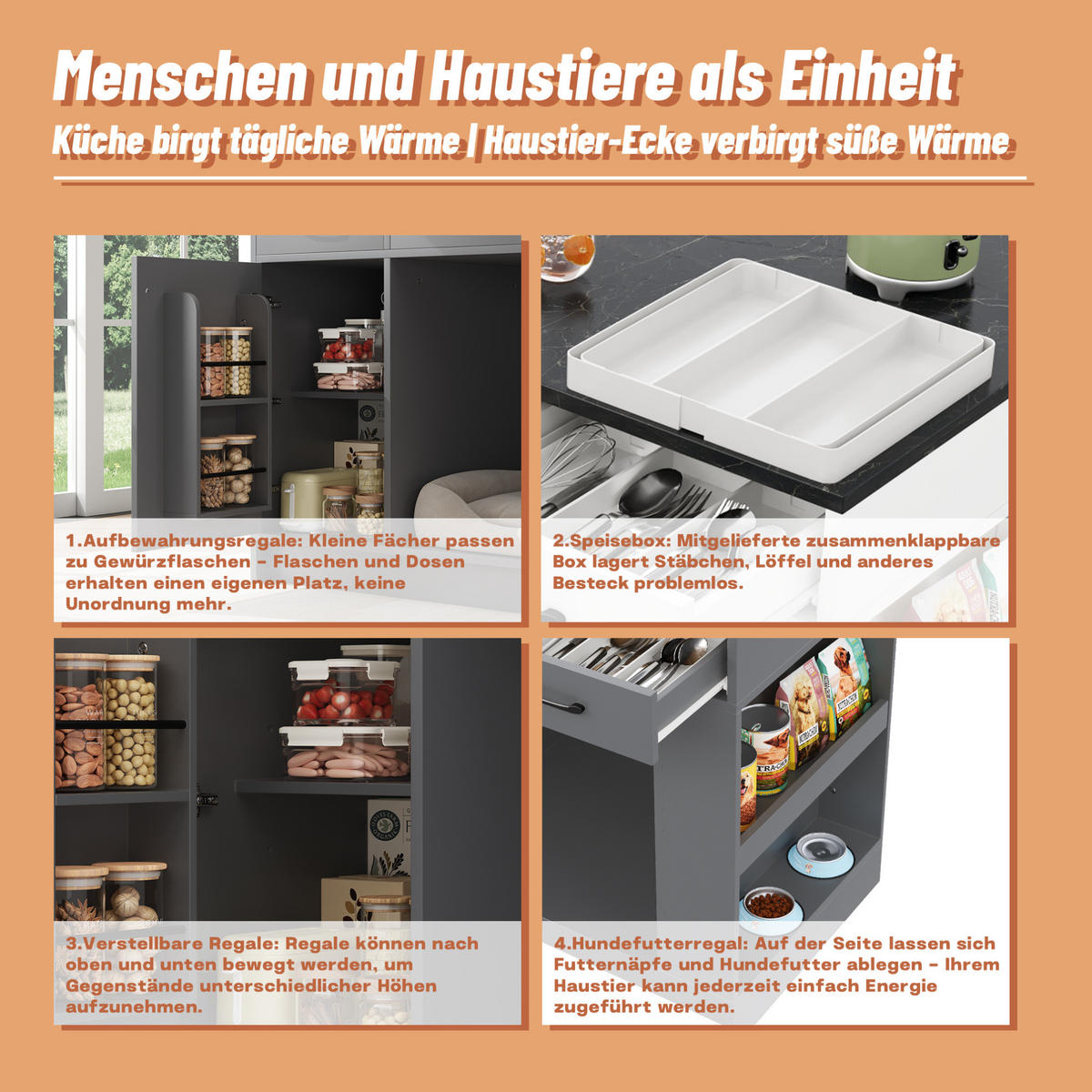 KÜCHENINSEL mit 3 Schubladen und Regalboden 120 x 60 x 90 cm Grey - Naturfarben, Holz (60/90/120cm) - Beauniv