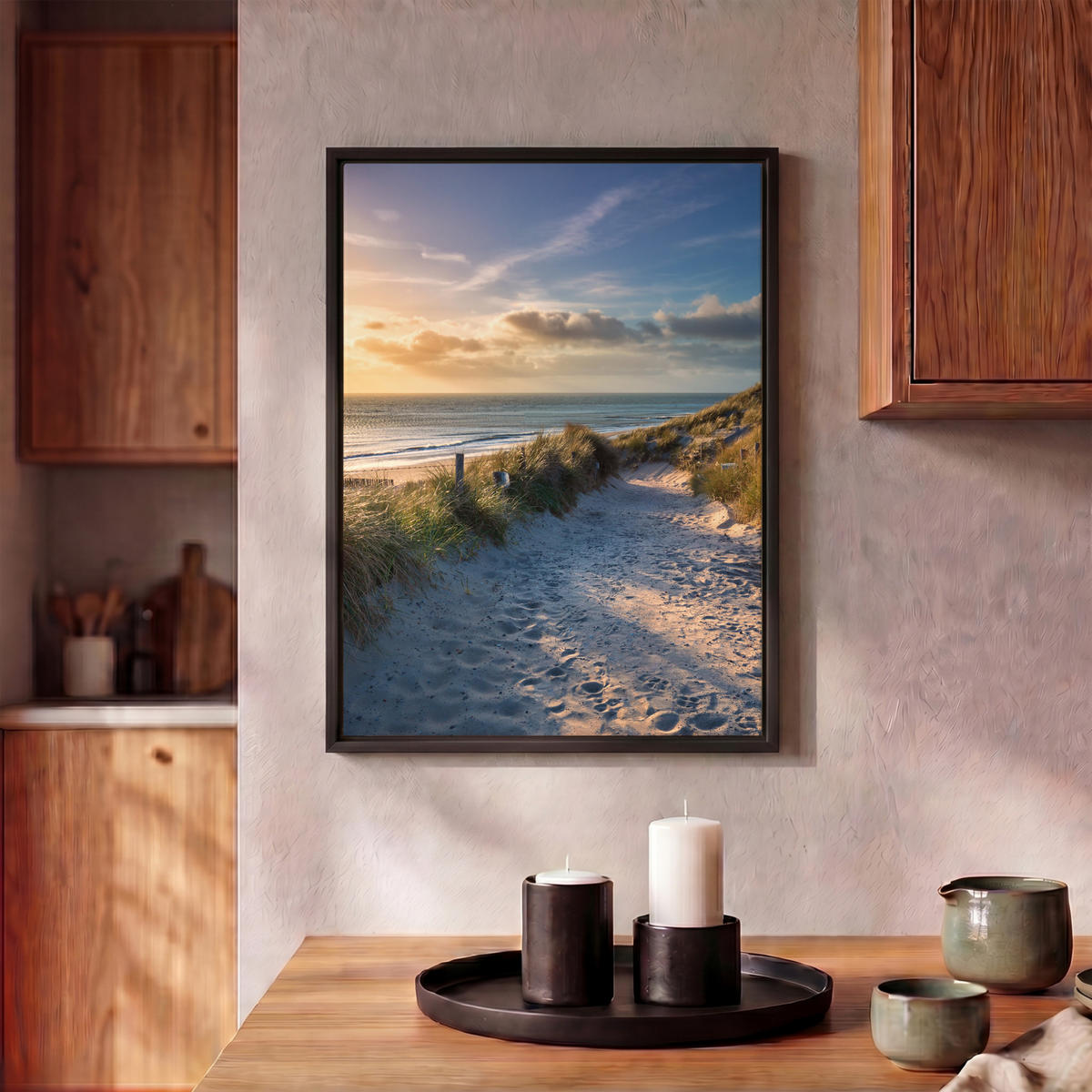 LEINWAND Bilder mit Rahmen - Sonnenuntergang - Strand - Düne - Gras - Ufer - 30x40 - Sandfarben, Textil (30/40cm) - MuchoWow
