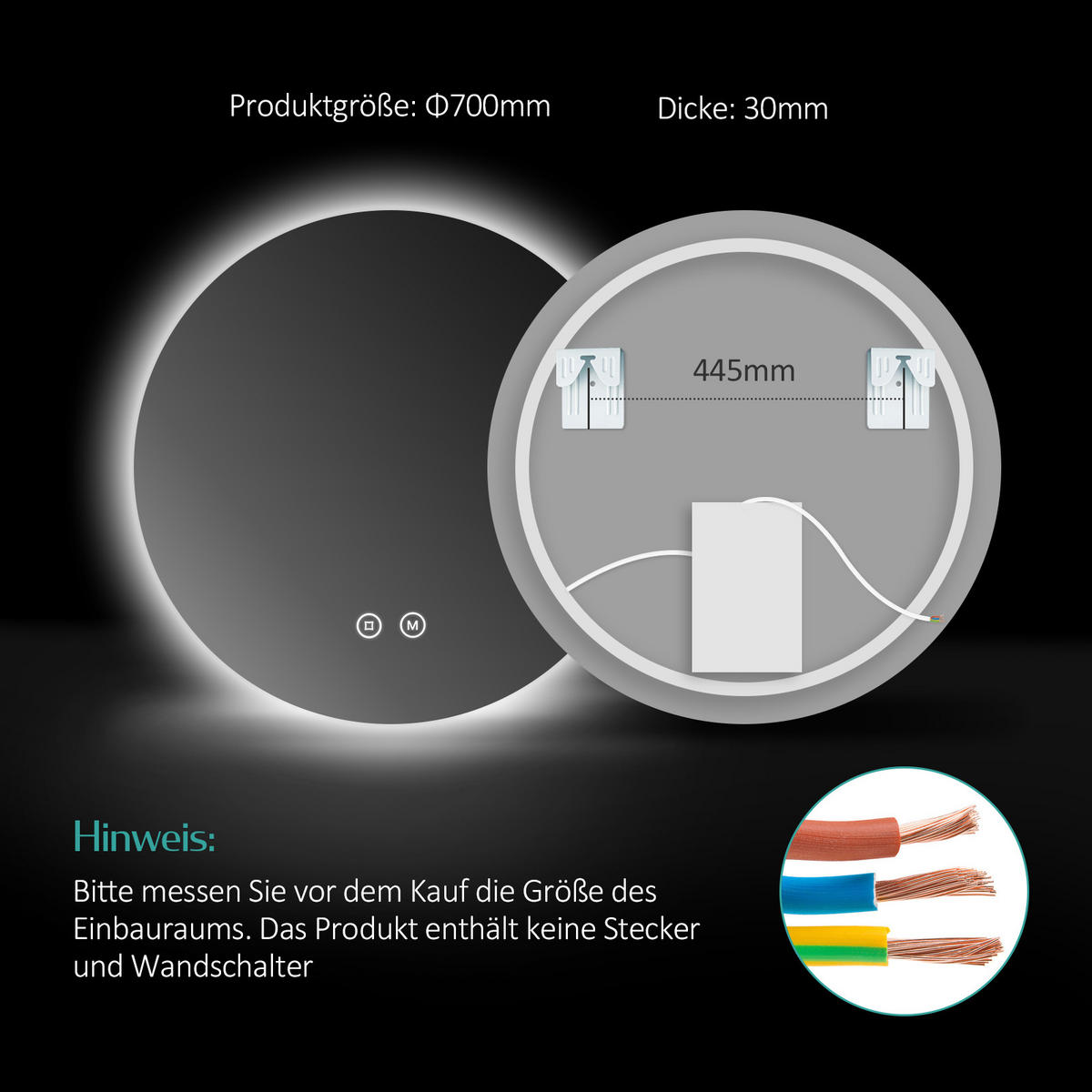 BADSPIEGEL rund mit Beleuchtung rahmenlos Ø70 cm - Weiß, Glas (70/3/70cm) - EMKE