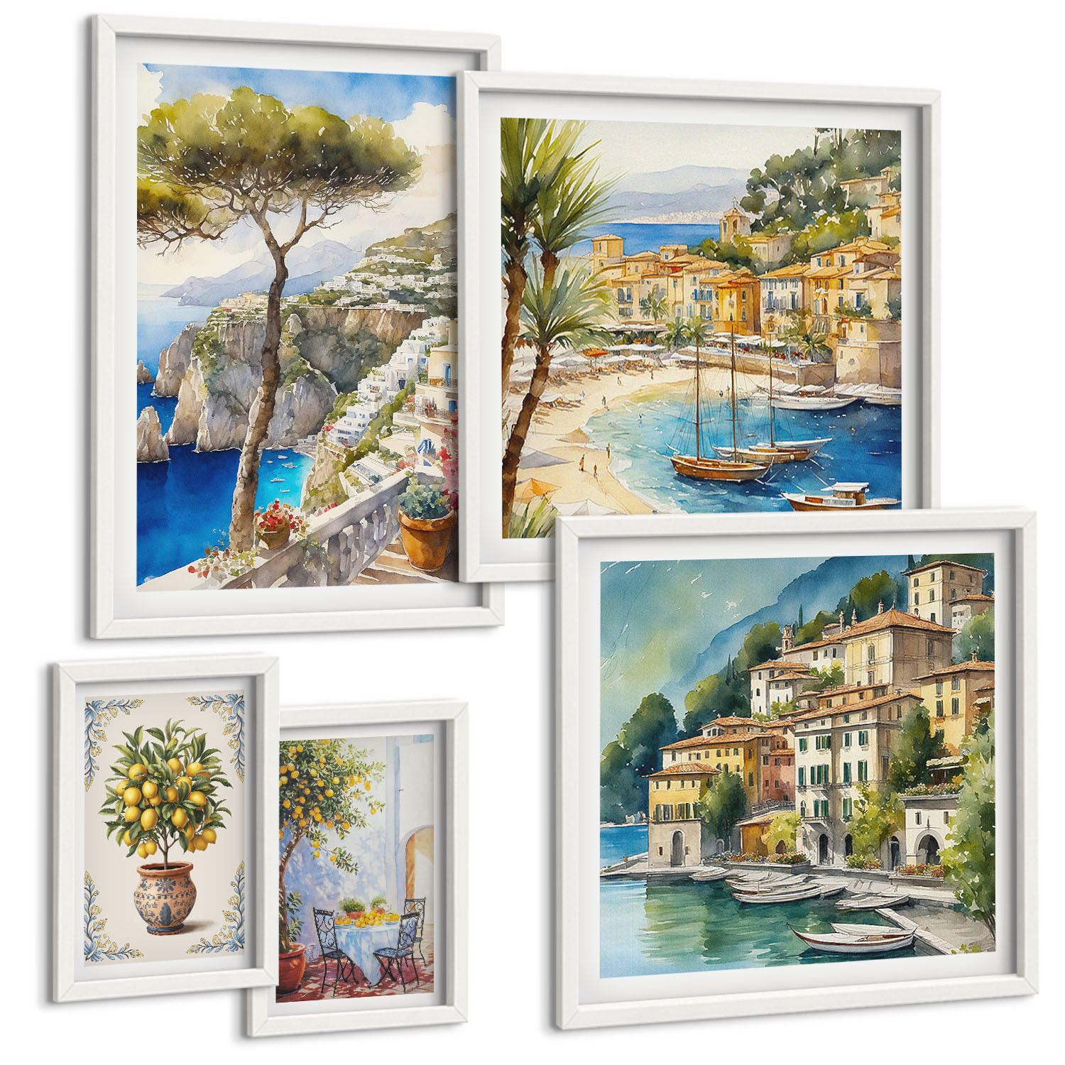 BILDER SET 5er Set - 50x50 cm & 20x30 cm & 40x60 cm Weißer Rahmen - Monochromatische Brückentürme - Weiß, Kunststoff (40/60cm) - TULUP