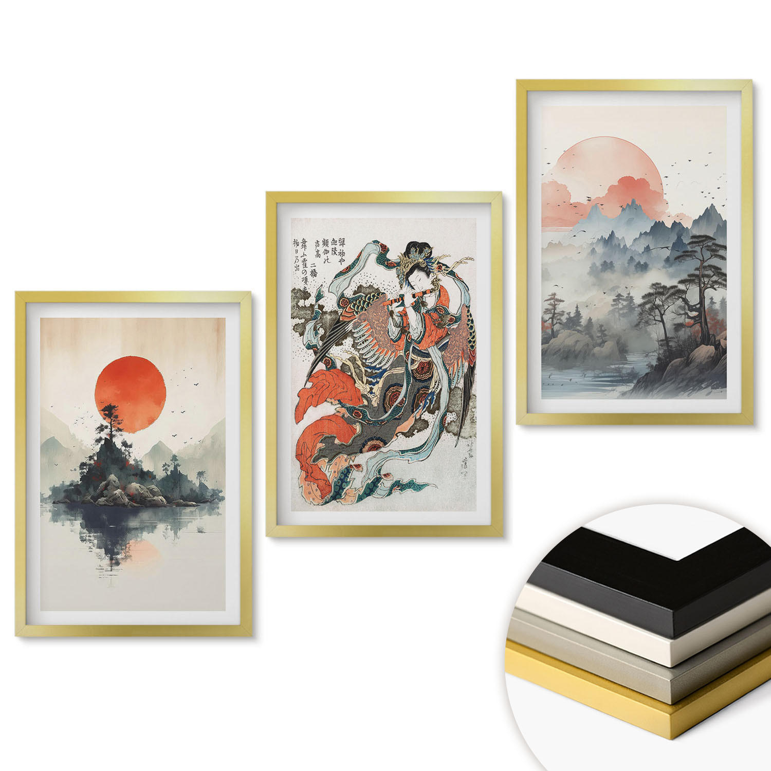WANDBILDER 3er Set - 40x60 cm Goldrahmen - Asiatische Japandi-Malereien - Goldfarben, Kunststoff (40/60cm) - ArtPrintCave