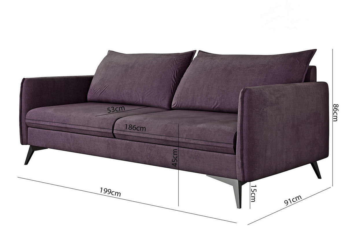 SITZGARNITUR 3+2+1 Pulse Lila Luxusmikrofaser - Lila/Schwarz, Holz/Textil (199/86/91cm) - S-Style Möbel