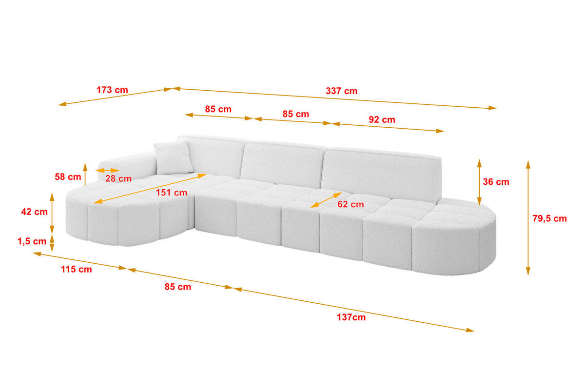 ECKSOFA Ottomane Links LIVO-L2 - 337x173x79,5 cm Weiß - Weiß, Holzwerkstoff/Textil (337/173cm) - ALTDECOR