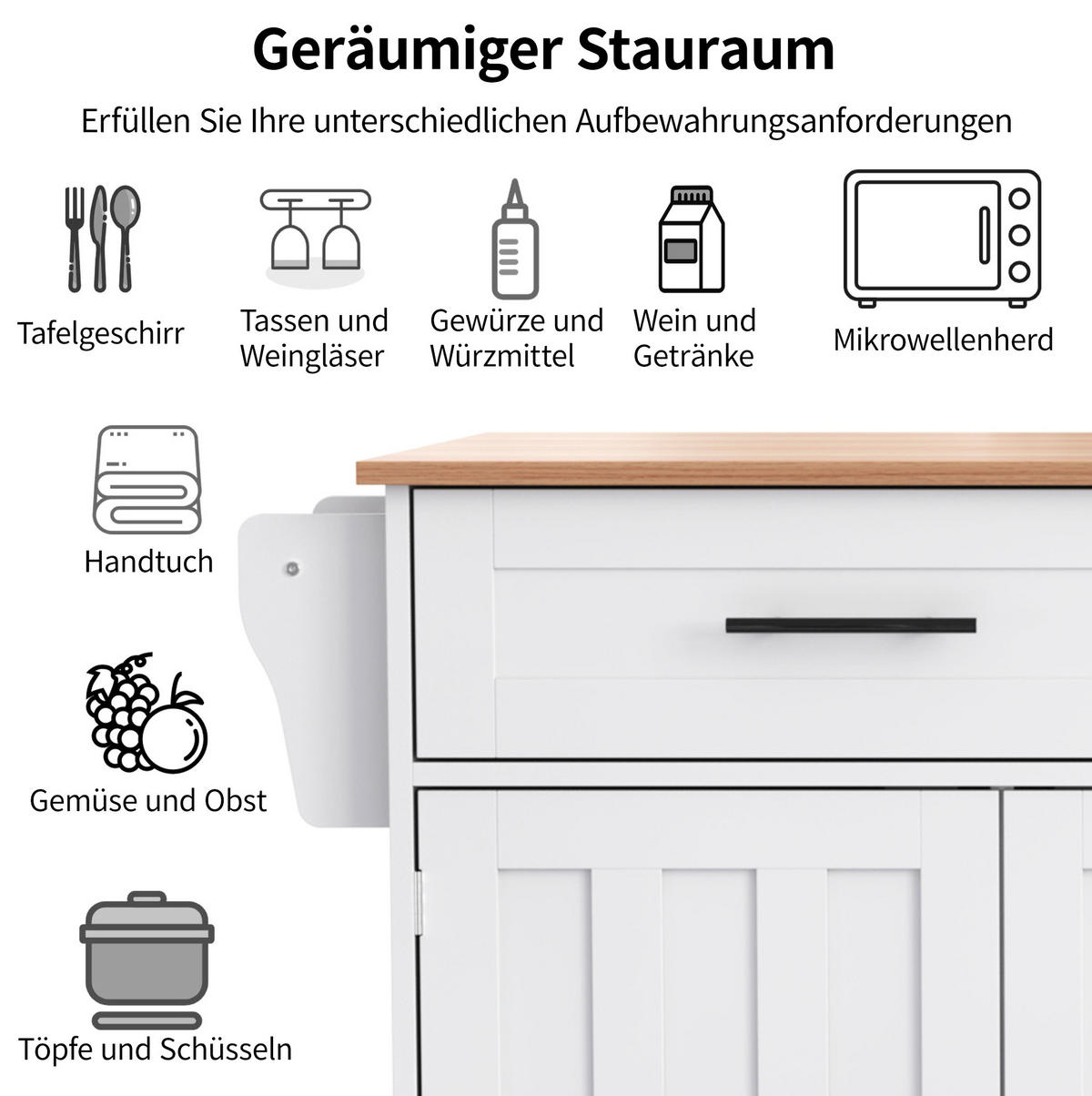 KÜCHENINSEL 129/91,5/71 cm Weiß/Natur aus MDF mit Klappplatte - Weiß, Holzwerkstoff (46/91.5/129cm) - OKMYHOME