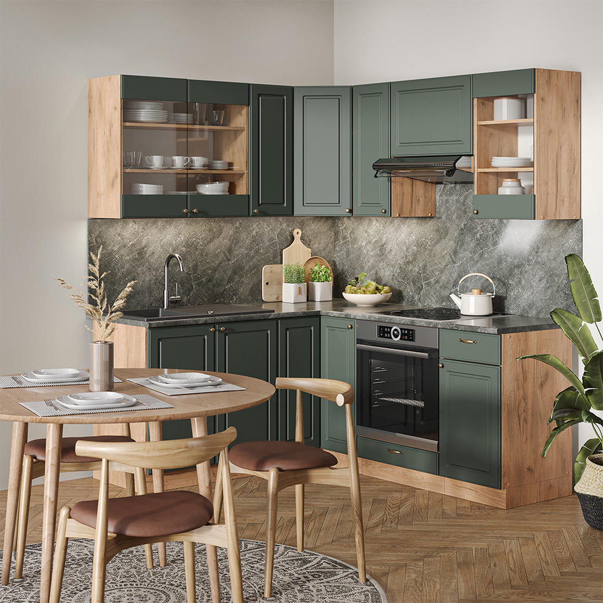 ECKKÜCHE Fame-Line Grün-Gold Landhaus/Goldkraft Eiche 160 x 60 cm ohne AP - Eiche Wotan/Grün, Holzwerkstoff (190/81.6/46cm) - Vicco