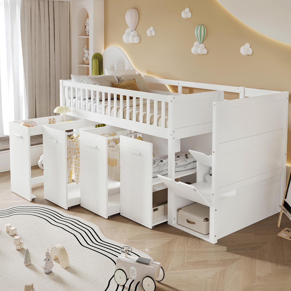 ETAGENBETT 90/200 cm in Weiß mit Schreibtisch, 3 Schränken und Stauraumtreppe - Weiß, Holz/Holzwerkstoff (90/200cm) - CHICFURN