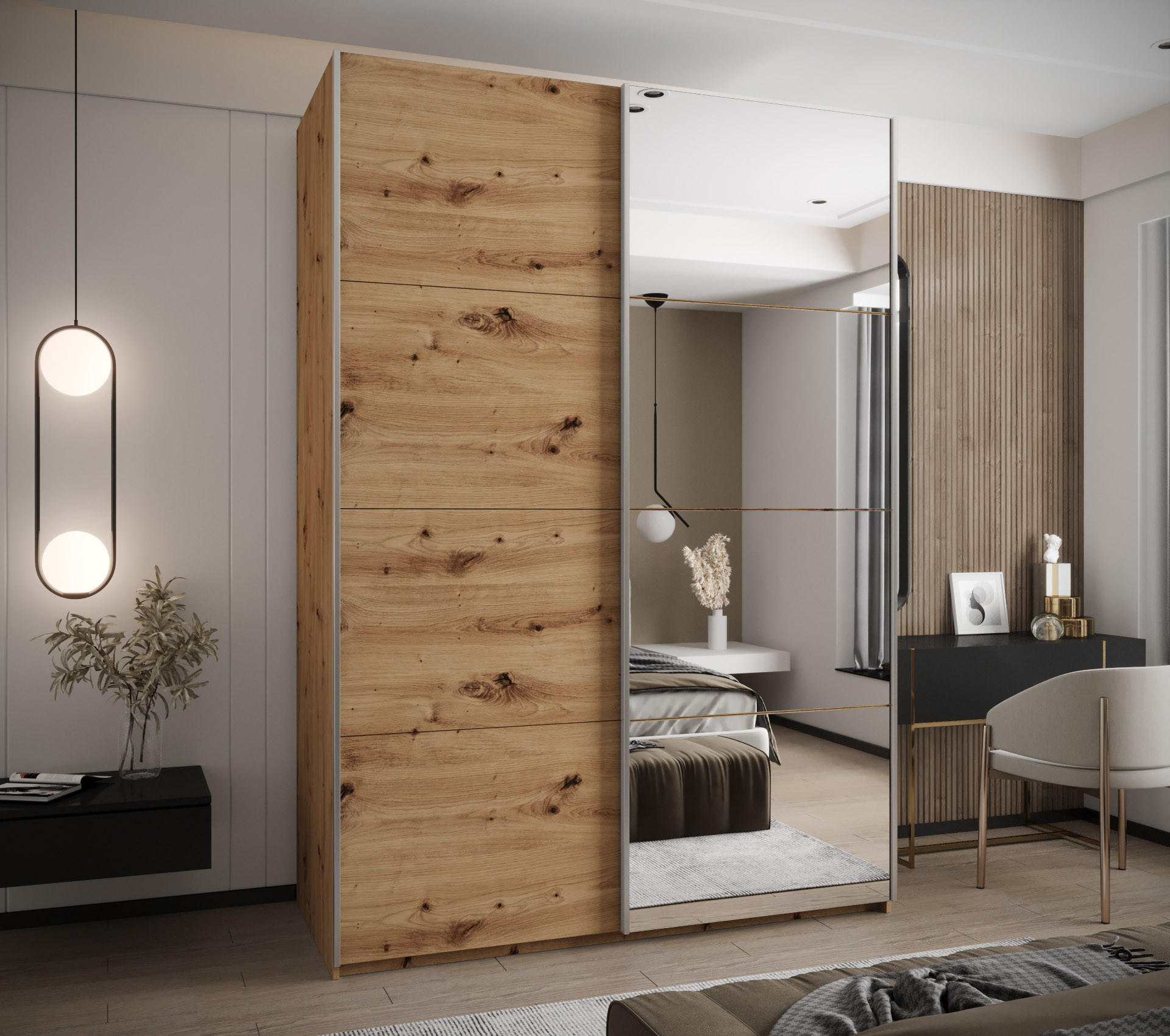 SCHWEBETÜRENSCHRANK 245,5/180/64 2-türig - Silberfarben/Eiche Artisan, Holz/Metall (180/245/64cm) - Abiks Möbel