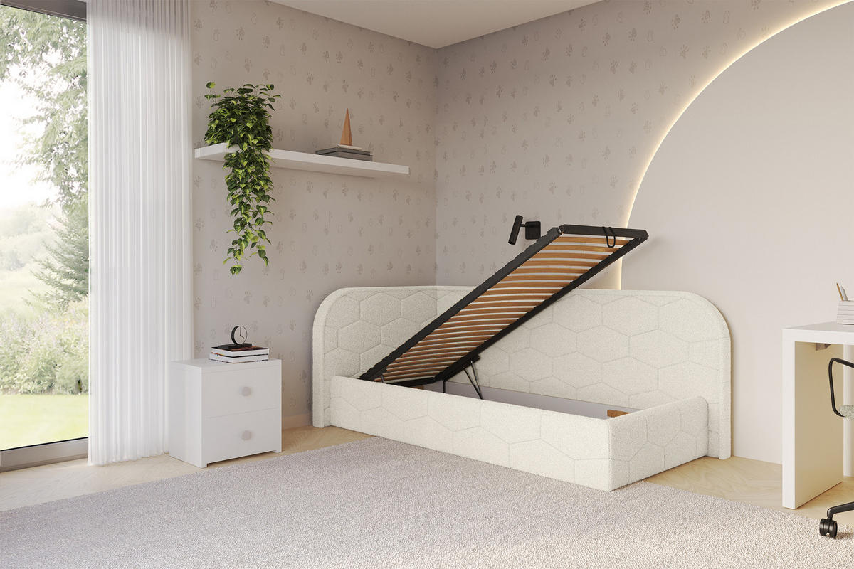 EINZELLBETT Jugendbett mit Bettkasten und Matratze H3/H4, Rechts - JAXY 90x200 Beige - Perlmutt, Holzwerkstoff/Textil (90/200cm) - ALTDECOR