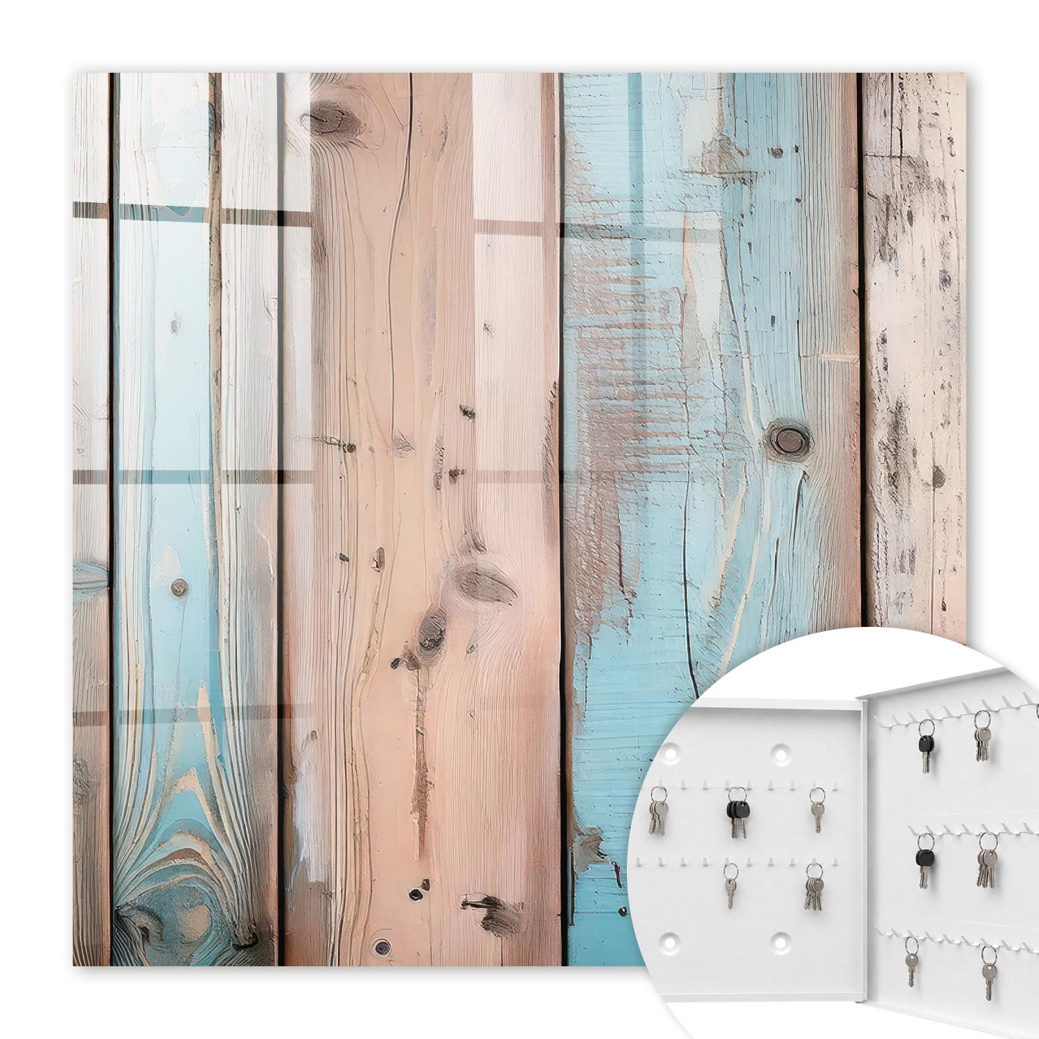 SCHLÜSSELBOX Weiß 30x30 cm – Türöffnung nach rechts - Pastellfarbenes Holz - Blau, Metall (30/30/5cm) - TULUP