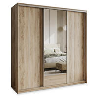 SCHWEBETÜRENSCHRANK TAVI 180/205/60 cm 3-türig mit Spiegel und Schubladen Sonoma Eiche - Sonoma Eiche/Nickelfarben, Holzwerkstoff (180/205/60cm) - MASSENO