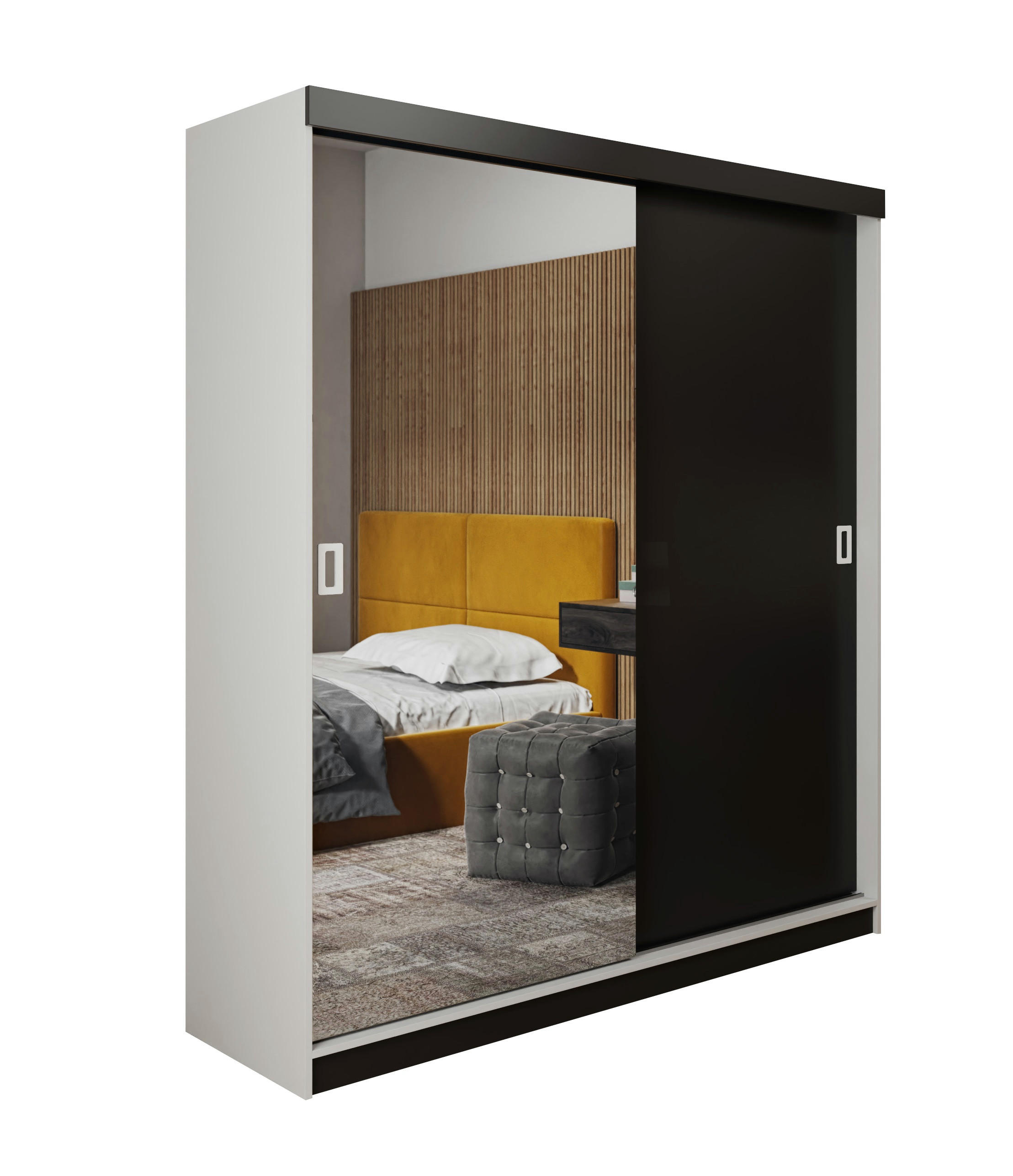 SCHIEBETÜRENSCHRANK RETRO 1 138 - Weiß + Schwarz 138x205x59cm - Schwarz/Weiß, Holzwerkstoff (138/205/59cm) - Kier Furniture