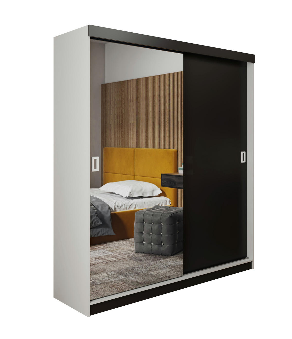 SCHIEBETÜRENSCHRANK RETRO 1 138 - Weiß + Schwarz 138x205x59cm - Schwarz/Weiß, Holzwerkstoff (138/205/59cm) - Kier Furniture