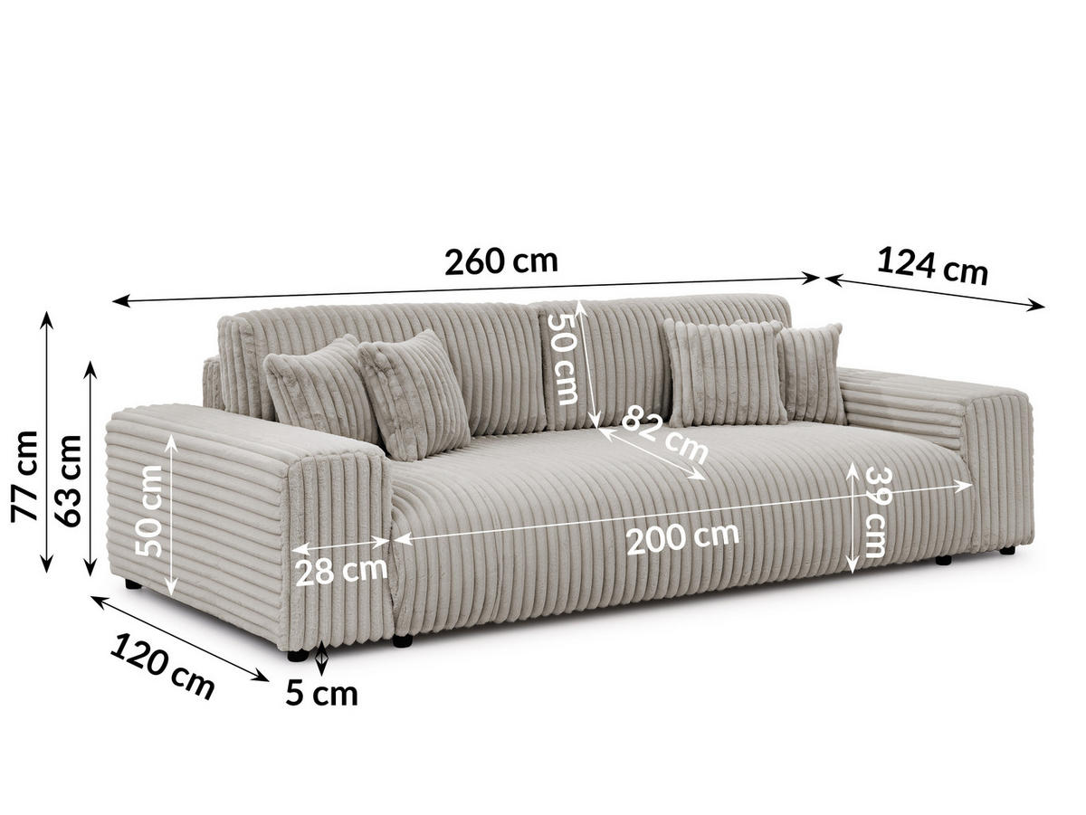 BIGSOFA Mollis Hellgrau Plüschcord mit Schlaffunktion - Hellgrau/Schwarz, Holz/Kunststoff (260/77/124cm) - S-Style Möbel