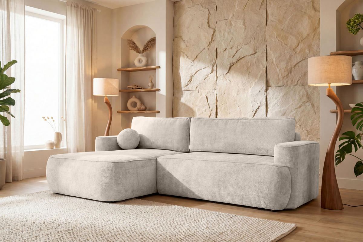 ECKSOFA Marion mit Schlaffunktion & Bettkasten in Chenille Creme, Links 267/154/83 cm - Creme/Schwarz, Kunststoff/Textil (267/154cm) - WFL GROUP