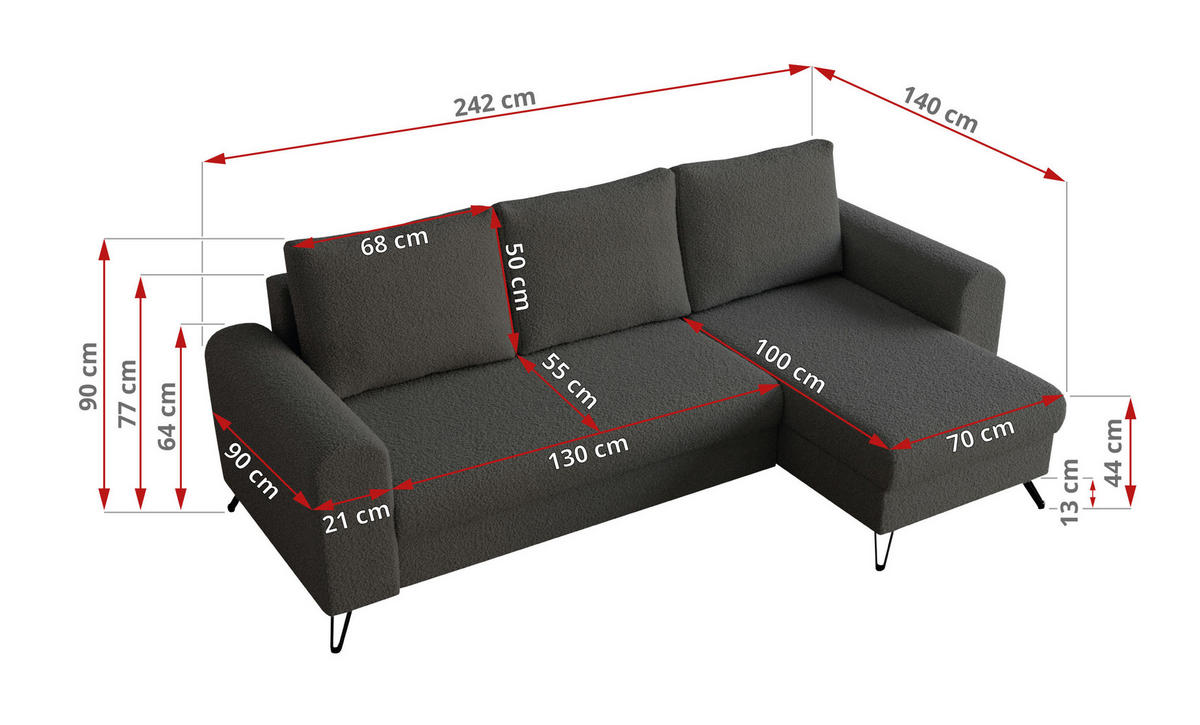 ECKSOFA Hugo Boucle Dunkelgrau - Dunkelgrau/Schwarz, Textil/Metall (242/140cm) - MKS