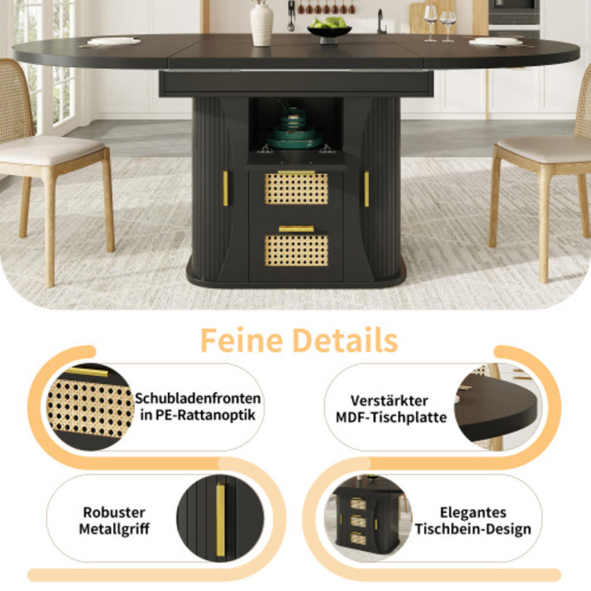 ESSTISCH Ausziehbarer 118-158×118×77,1 cm aus MDF und Metall mit Rattan-Schubladen, schwarz - Schwarz, Holzwerkstoff (158/118/77.1cm) - Luhomfu