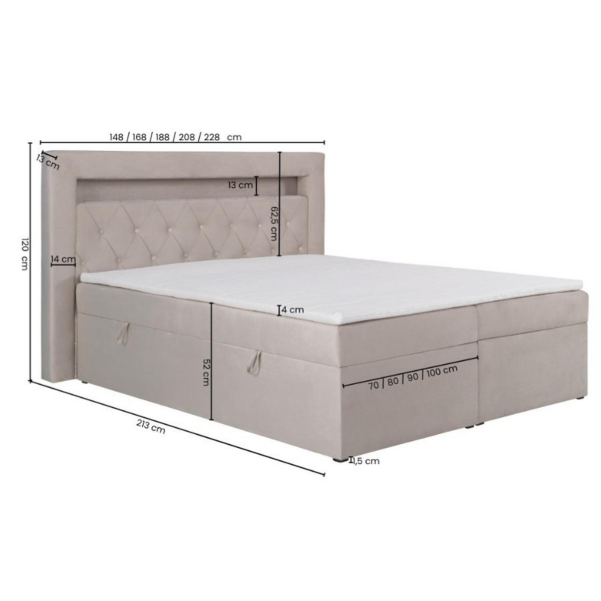 BOXBETT Lui Gold mit Bonnelmatratze, Topper, LED-Beleuchtung, 200x200, Beige - Beige, Holzwerkstoff/Kunststoff (200/200cm) - AN-Moebel 4u