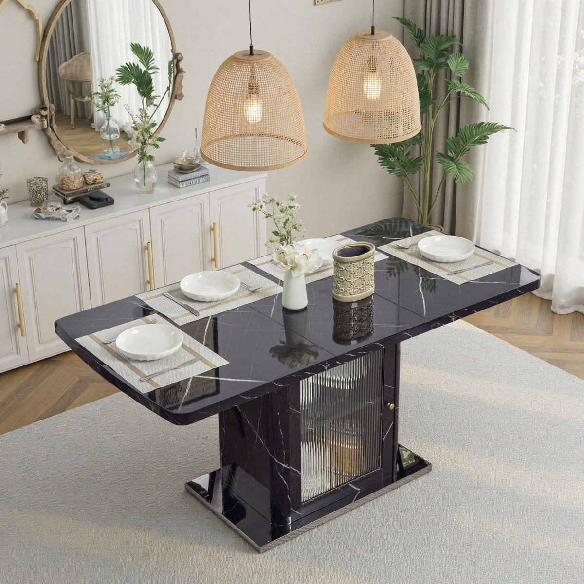 ESSTISCH 120-160/80/76 cm aus MDF und Stahl, ausziehbar mit Stauraum und Glastüren, Schwarz - Schwarz, Glas (160/80/76cm) - Redom