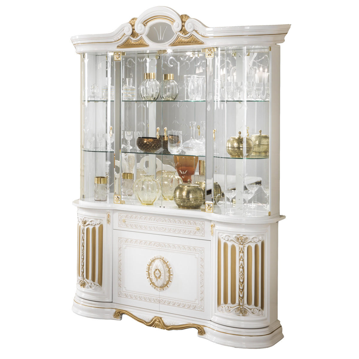 VITRINE BELLA in Weiß/Gold 8-Türig - Weiß Hochglanz/Goldfarben, Glas/Holzwerkstoff (173/213/50cm) - Interdesign24
