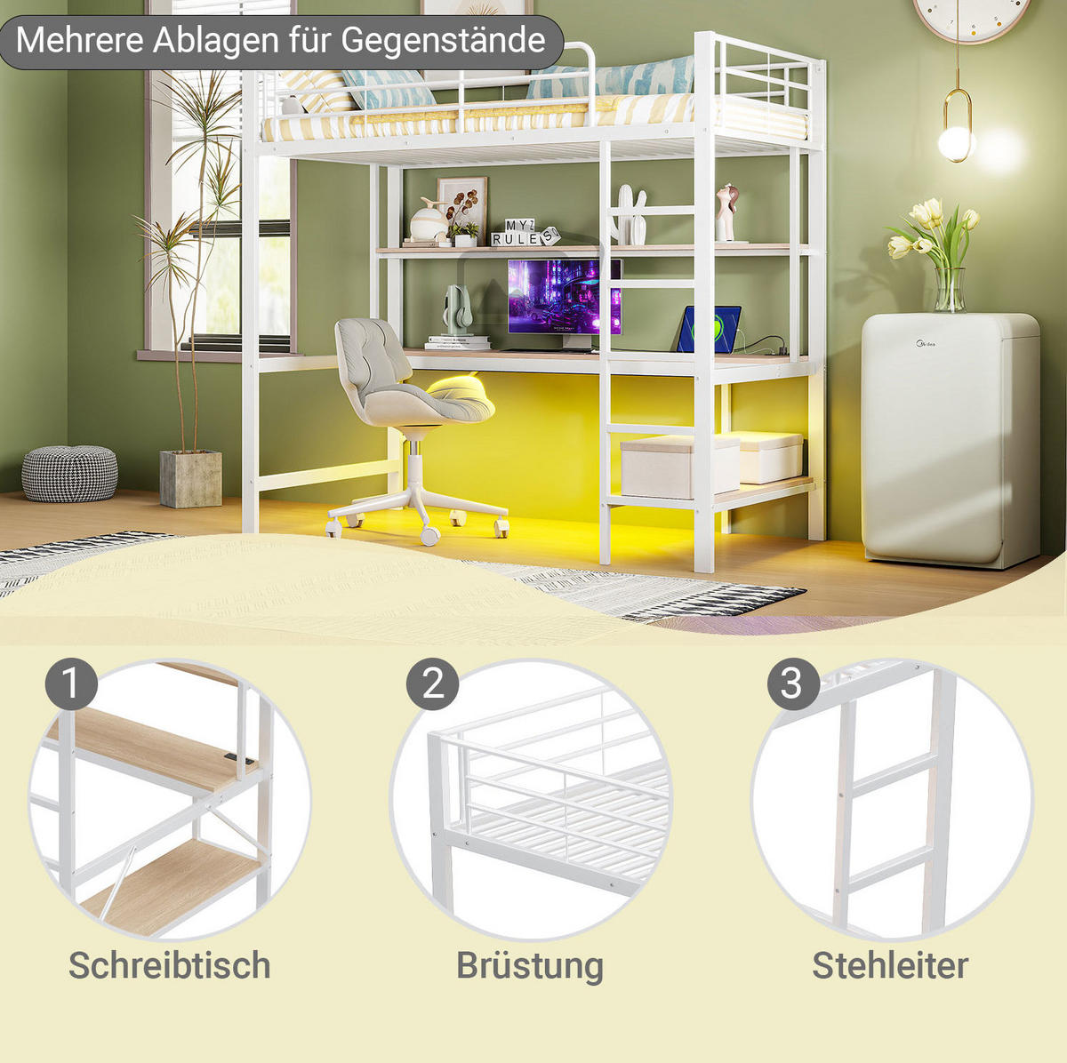 HOCHBETT aus Metall und MDF 90x200 cm Weiß mit Schreibtisch, Regal, LED-Licht und USB-Anschluss - Weiß, Metall (90/200cm) - IVMEU