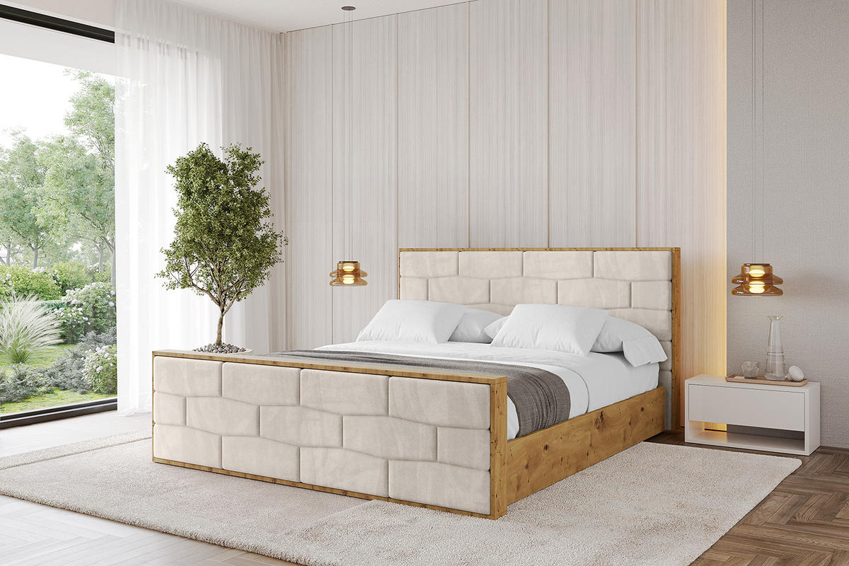 POLSTERBETT mit Bettkasten, Fußteil und Lattenrost, Boxbett mit Matratze H3/H4 - ENZO8-Z 120x200 Beige - Beige, Holzwerkstoff/Textil (120/200cm) - ALTDECOR