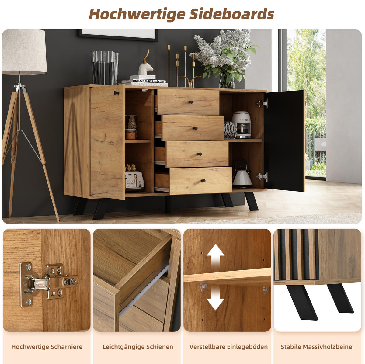 SIDEBOARD 120/38/75 cm mit 2 Türen & 4 Schubladen in Schwarz/Natur - Schwarz, Holzwerkstoff (120/75/38cm) - BEAOK