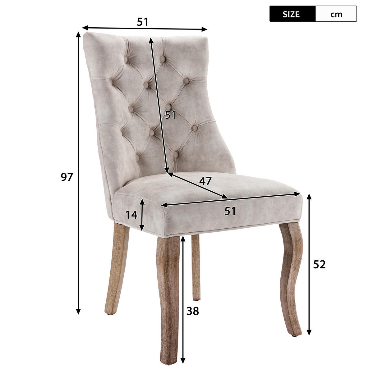 ESSZIMMERSTUHL mit Knopfsteppung 2er-Set Sitzbreite 51 cm Samt Hellbeige - Beige, Holz (51/97/51cm) - Meubliv