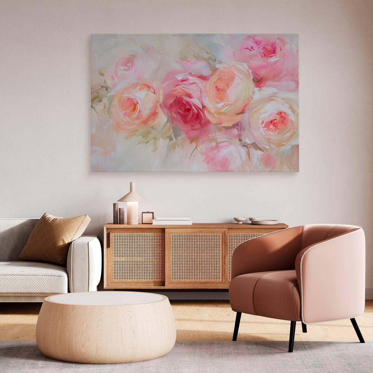 LEINWANDBILD für Wohnzimmer Rosen Blumen Natur Malarei 90cm x 60cm - Beige/Weiß, Textil (90/60cm) - Muralo