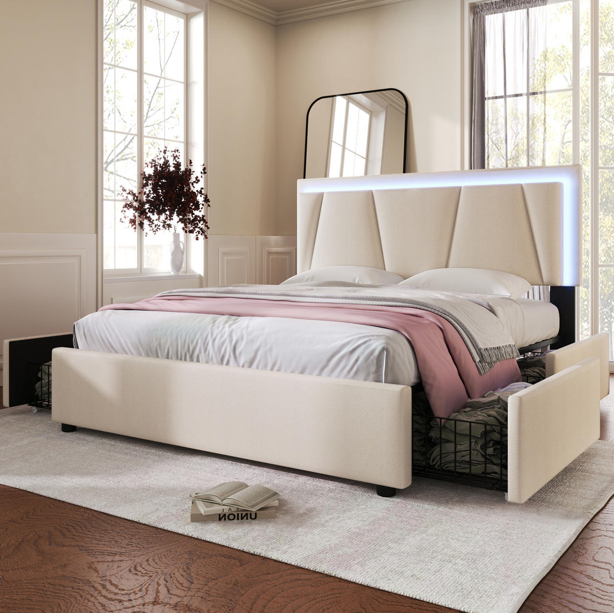 POLSTERBETT 160x200 cm Beige mit LED-Beleuchtung, 4 Schubladen und verstellbarem Kopfteil - Beige, Textil (160/200cm) - IVMEU