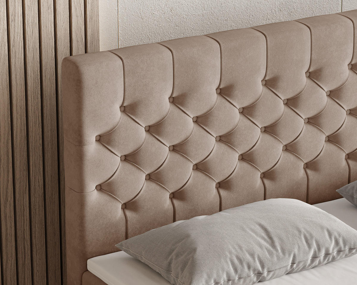 BOXBETT 12 140 x 200 cm - Manila - Modernes Polsterbett mit Bettkasten inkl. PU-Schaum-Topper und Federmechanismus - Cappuccino, Holz (140/200cm) - ROYAL24_MARKT