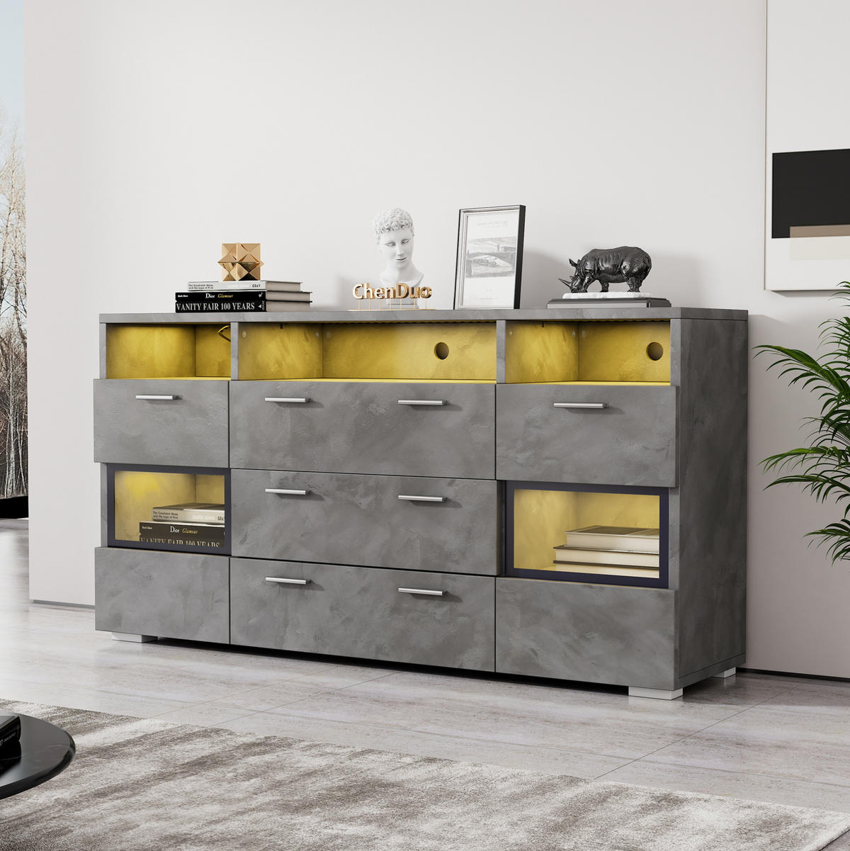 SIDEBOARD aus Spanplatte 140x33,5x72,5 cm Grau mit LED-Beleuchtung, Acryltüren und viel Stauraum - Grau, Holzwerkstoff (140/72.5/33.5cm) - Modfu