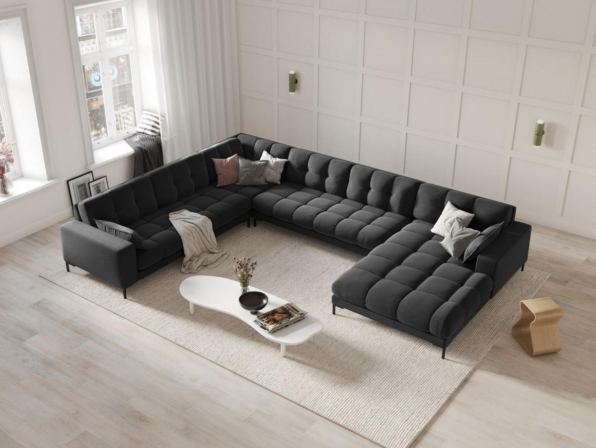 PANORAMASOFA links Mamaia aus Samt dunkelgrau 7 Sitzplätze - Dunkelgrau, Textil (256/75/327cm) - Micadoni